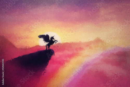 Foto Beautiful pegasus painting, wild winged unicorn silhouette on the edge of a precipice