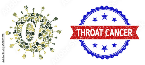 Military camouflage mosaic of Alpha covid virus icon, and bicolor scratched Throat Cancer seal. Vector seal with Throat Cancer title inside red ribbon and blue rosette, scratched bicolored style.