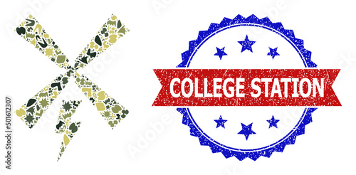 Military camouflage mosaic of wind electric generation icon, and bicolor grunge College Station watermark. Vector watermark with College Station title inside red ribbon and blue rosette,