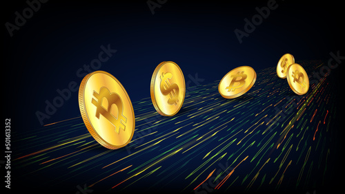 BTC and USD gold coins flying along the road made of digits on dark blue background with copy space. Bitcoin entry into our life concept.