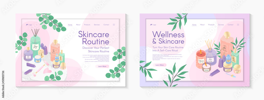 Web page design templates for skin care treatment,face massage tutorial,spa,wellness,natural products,cosmetics,self care.Vector illustration concepts for website, mobile website.Landing page layouts.