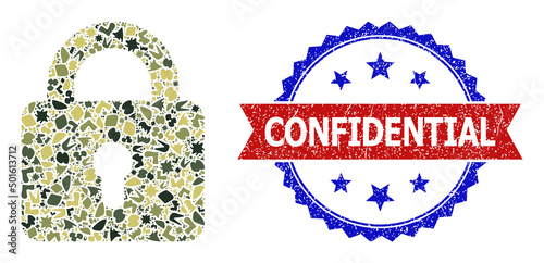 Military camouflage collage of lock icon, and bicolor rubber Confidential seal. Vector seal with Confidential tag inside red ribbon and blue rosette, unclean bicolored style.