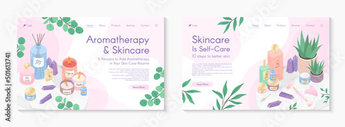 Web page design templates for aromatherapy treatment,skin care tutorial,spa,wellness,massage,cosmetics,self care.Vector illustrations concept for website,mobile website.Landing page layouts.
