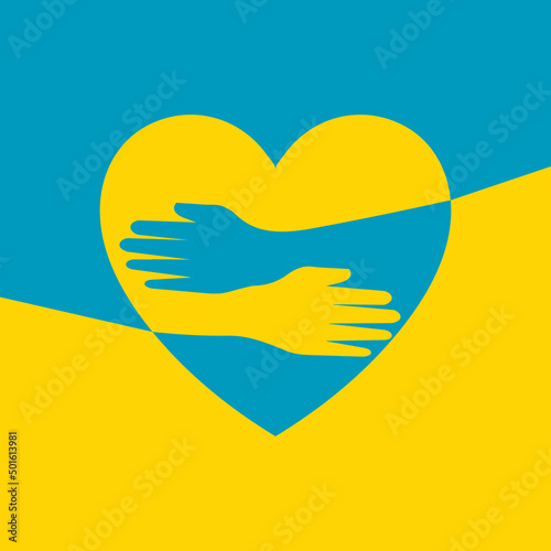 Support for Ukraine. Hugs icon, arms hugging Ukraine, war in Ukraine. Hands hug the heart. Hands embrace Ukraine.