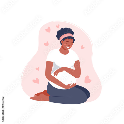 Happy pregnant black woman holds her belly isolated on pink. Pregnancy female sitting with pink hearts. Vector flat illustration. Concept of maternity and healthy lifestyle for banner, landing page