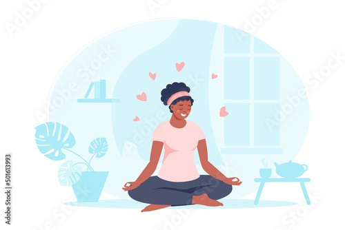 Black woman sitting in lotus pose at home with plant, teapot, books, hearts. Female practicing yoga. Vector flat illustration. Concept of self care and healthy lifestyle for banner, landing page, card