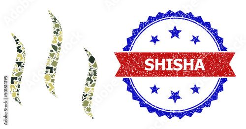 Military camouflage mosaic of vapour icon, and bicolor dirty Shisha seal. Vector watermark with Shisha tag inside red ribbon and blue rosette, unclean bicolored style.