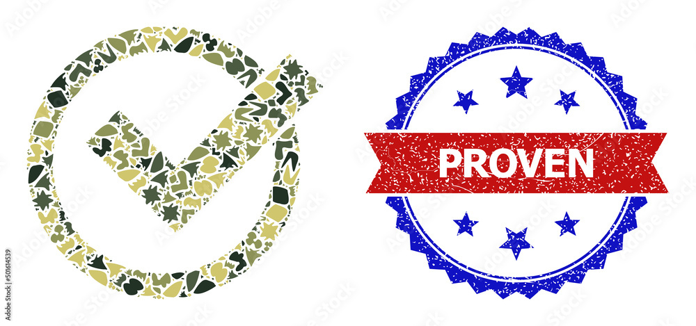 Military camouflage collage of accept icon, and bicolor unclean Proven stamp. Vector watermark with Proven caption inside red ribbon and blue rosette, corroded bicolored style. Military camouflage collage of accept icon, and bicolor unclean Proven stamp. Vector watermark with Proven caption inside red ribbon and blue rosette, corroded bicolored style.