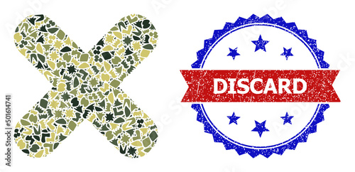 Military camouflage mosaic of terminate icon, and bicolor scratched Discard seal stamp. Vector imprint with Discard tag inside red ribbon and blue rosette, unclean bicolored style.