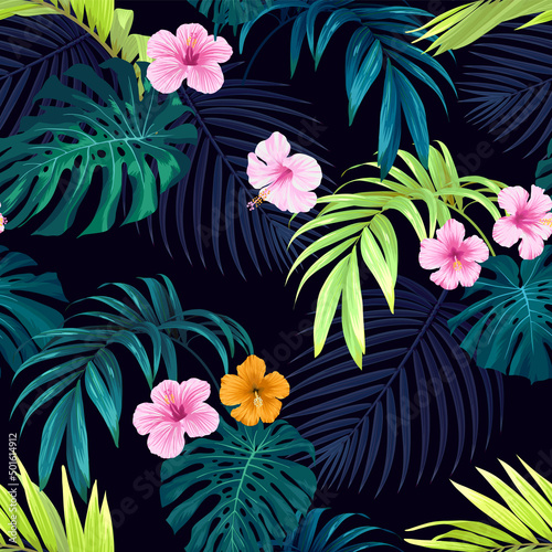 Seamless hand drawn tropical vector pattern with bright hibiscus flowers and exotic palm leaves on dark background.