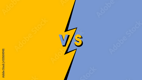 A side (orange) versus another (cyan), represented as a split screen in a bold cartoonish style with a lightning in the middle, the text VS and copy space (blank). 