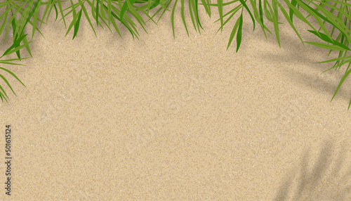 Top view of palm leaf with shadow on sand texture background.Vector illustration Flat lay Minimal tropical with Coconut branches leaves on brown colour with copy space for Holiday Summer backdrop