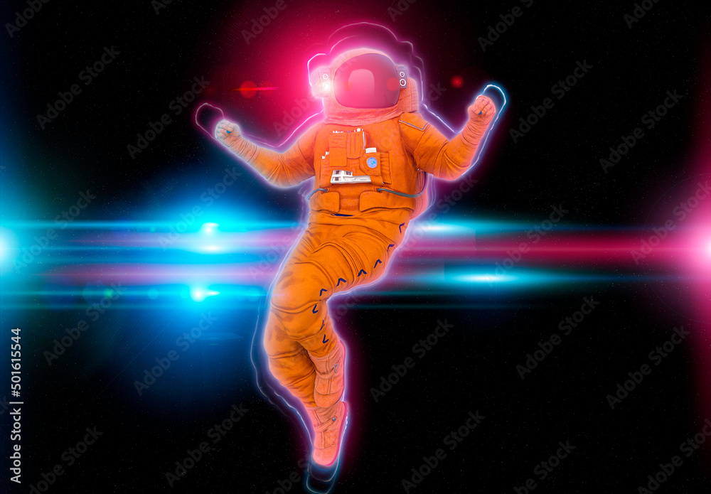 astronaut explorer is floating on glowing edge background