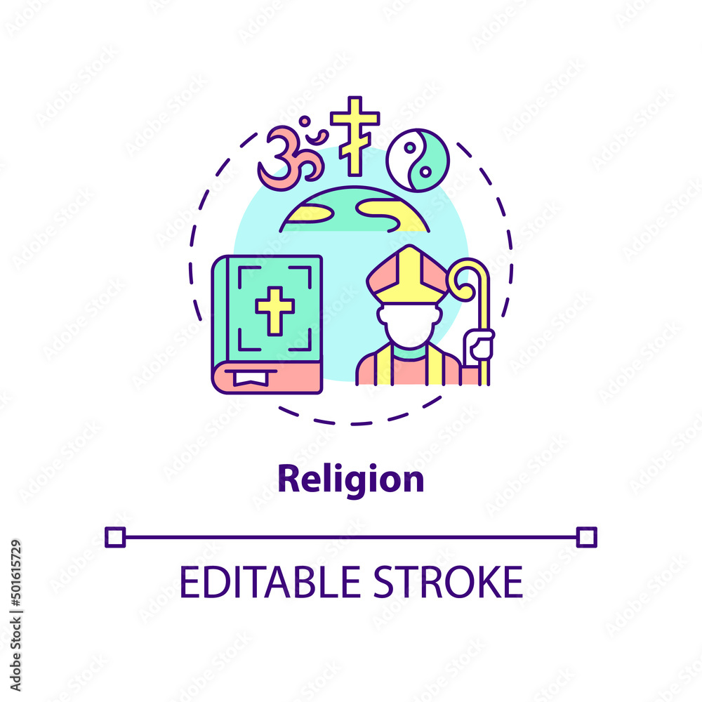 Religion concept icon. Belief and worship. Social-cultural system. Social institution abstract idea thin line illustration. Isolated outline drawing. Editable stroke. Arial, Myriad Pro-Bold fonts used