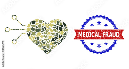 Military camouflage collage of heart sensor icon, and bicolor grunge Medical Fraud watermark. Vector watermark with Medical Fraud caption inside red ribbon and blue rosette, distress bicolored style.