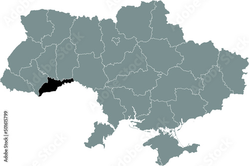 Black flat blank highlighted locator map of the Ukrainian administrative area of CHERNIVTSI OBLAST inside gray flat map of UKRAINE