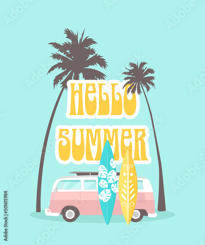 Summer retro bus and surfboard under palm vector illustration. Summer time vacation template banner.