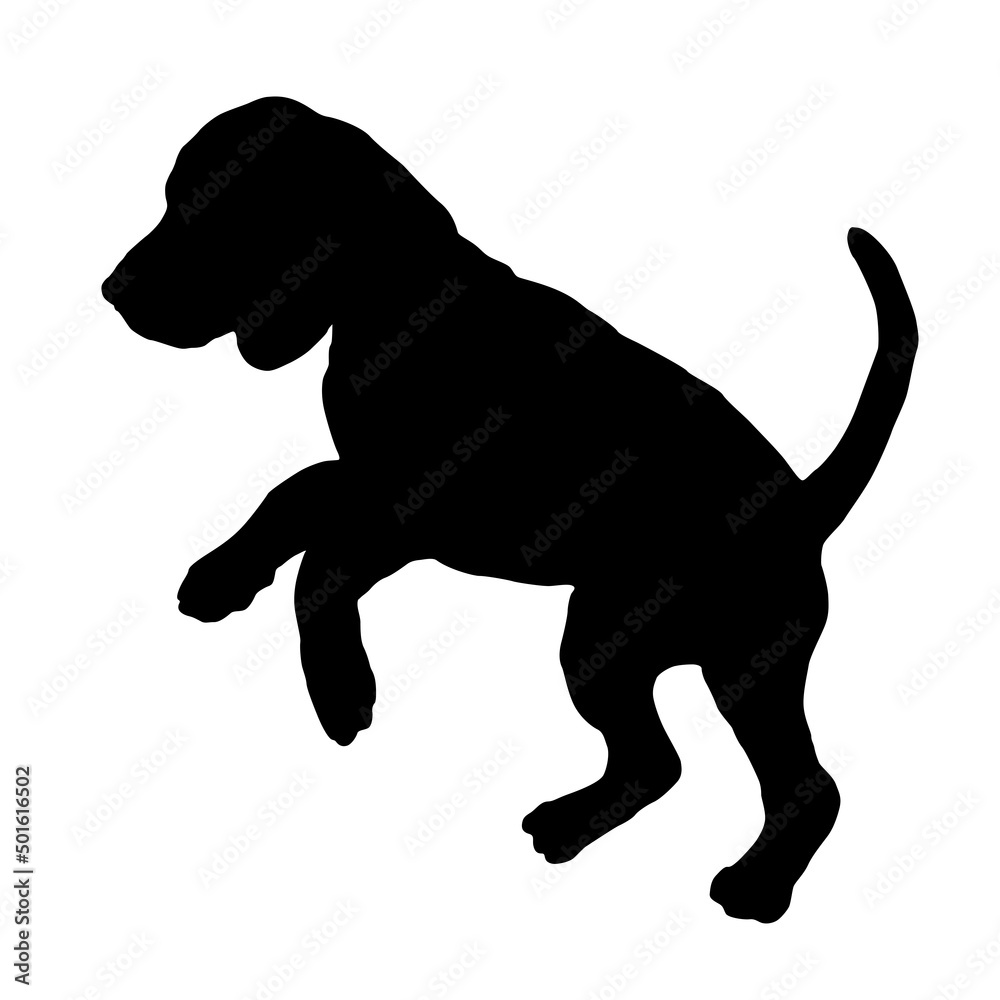 Black dog silhouette. Jumping english beagle puppy. Pet animals. Isolated on a white background.