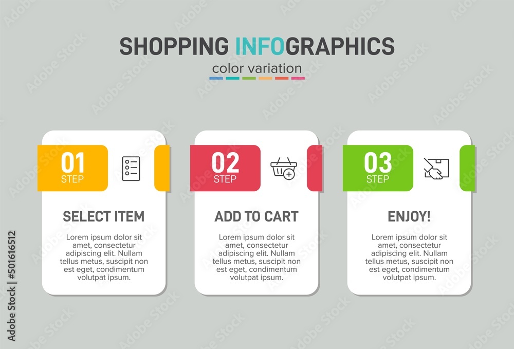 Obraz premium Concept of shopping process with 3 successive steps. Three colorful graphic elements. Timeline design for brochure, presentation, web site. Infographic design layout.