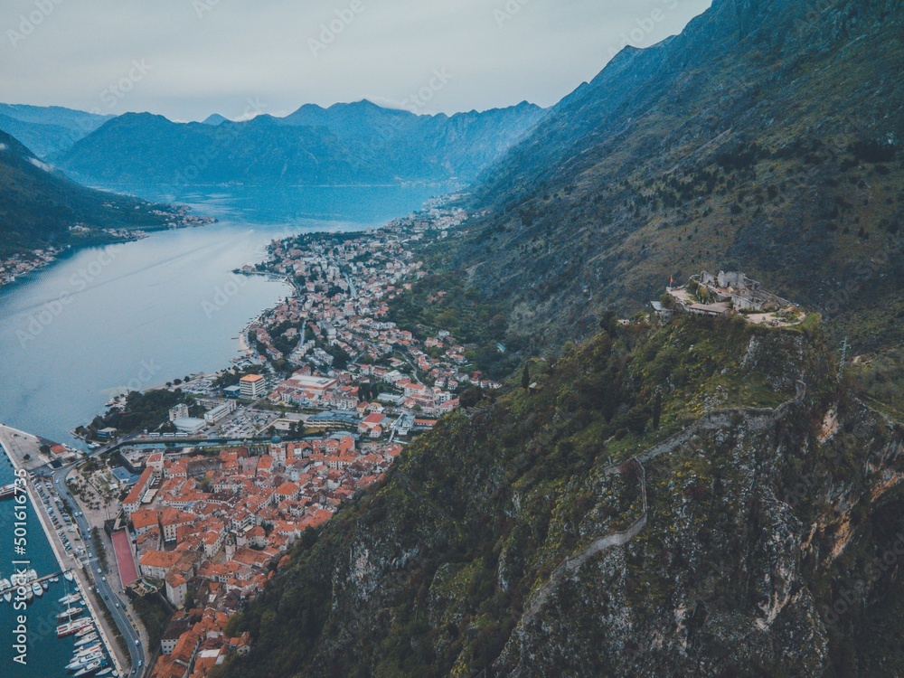 Drone views of Kotor's Old Town in Montenegro