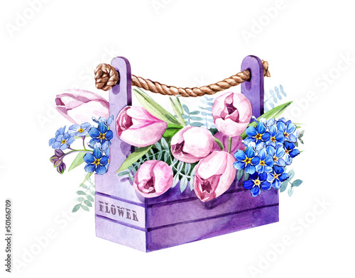 Watercolor bouquet of tulips, forgetmenots and herbs in purple wooden basket.Illustration in pink tones.