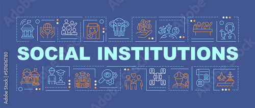 Social institutions word concepts dark blue banner. Set of norms. Infographics with icons on color background. Isolated typography. Vector illustration with text. Arial-Black font used