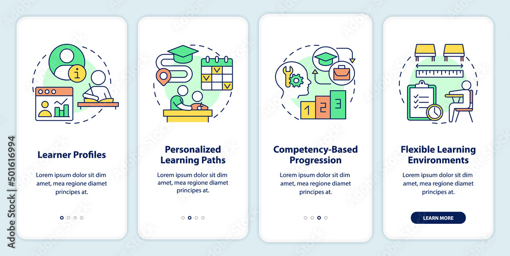 Personalized learning onboarding mobile app screen. Education trends walkthrough 4 steps graphic instructions pages with linear concepts. UI, UX, GUI template. Myriad Pro-Bold, Regular fonts used