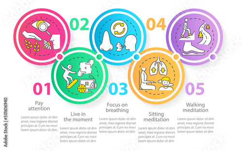 Mindfulness techniques circle infographic template. Focus on breathing. Data visualization with 5 steps. Process timeline info chart. Workflow layout with line icons. Myriad Pro-Regular font used