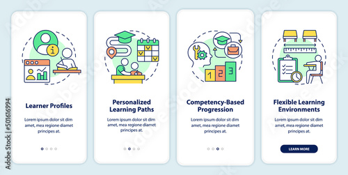 Personalized learning onboarding mobile app screen. Education trends walkthrough 4 steps graphic instructions pages with linear concepts. UI, UX, GUI template. Myriad Pro-Bold, Regular fonts used © bsd studio
