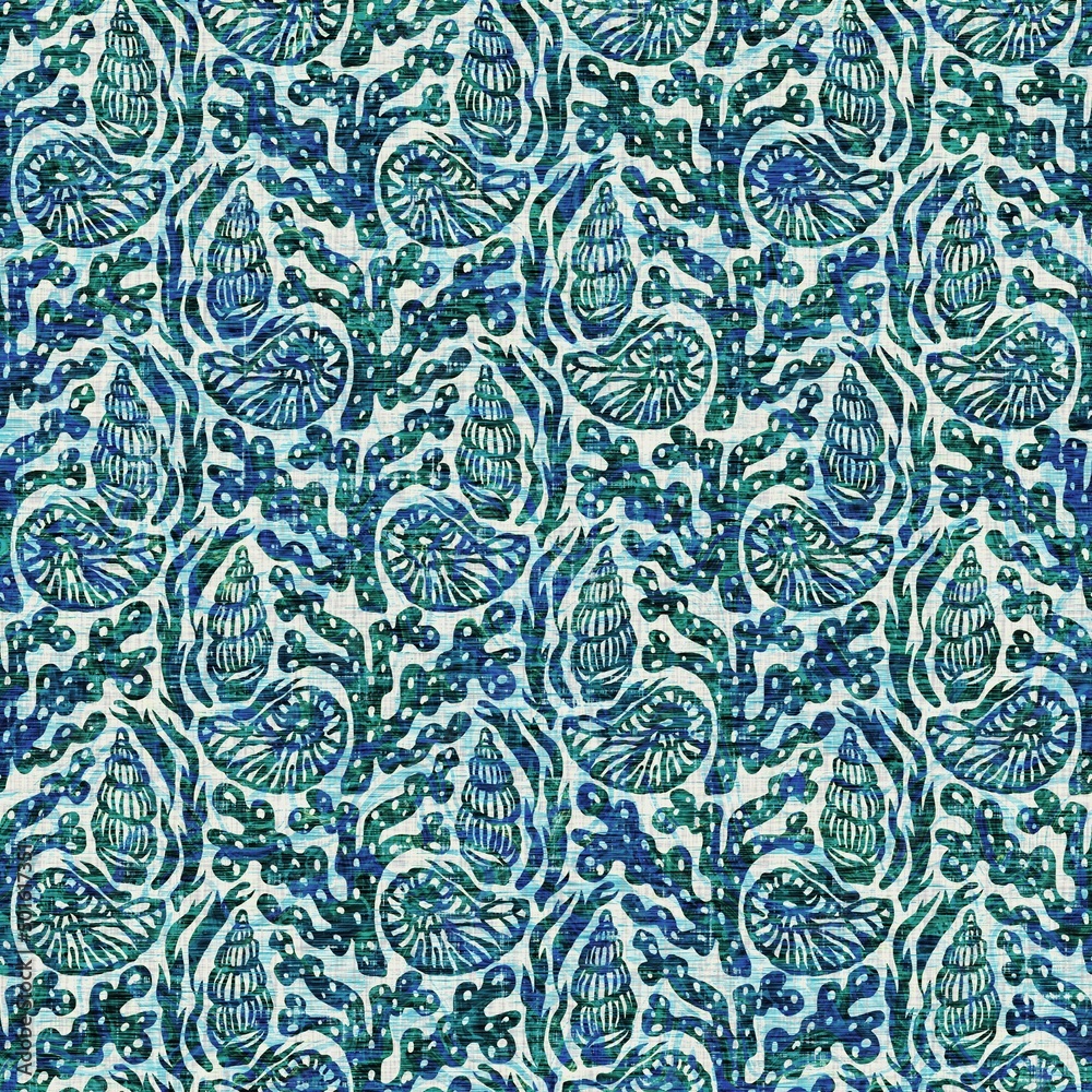 Aegean Teal seashell nautical sealife seamless pattern. Grunge distress faded linen effect background for marine home decor fabric textiles. Aegean Teal seashell nautical sealife seamless pattern. Grunge distress faded linen effect background for marine home decor fabric textiles.