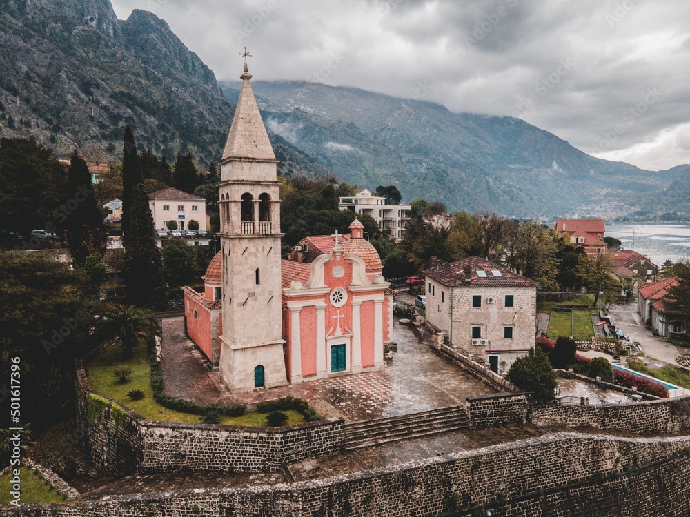 Drone views of St. Matthias Church in Kotor, Montenegro
