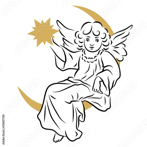 Girl Angel holding a Star in her Hand sitting on the Moon. Vintage, retro. Line and Color.