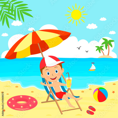 Cute cartoon boy at the beach