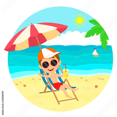 Cute cartoon boy at the beach
