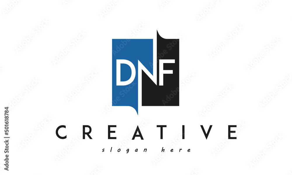 DNF Square Framed Letter Logo Design Vector with Black and Blue Colors DNF Square Framed Letter Logo Design Vector with Black and Blue Colors