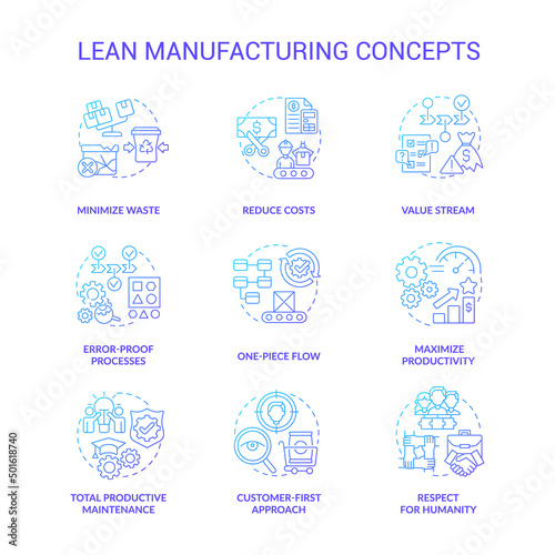 Lean manufacturing blue gradient icons set. Machine industry. Continuous production principles idea thin line color illustrations. Isolated symbols. Roboto-Medium, Myriad Pro-Bold fonts used