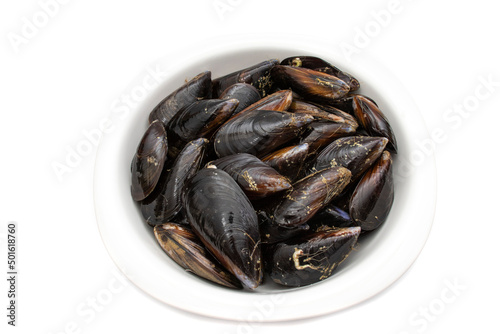 Raw mussels in a white bowl, isolated on white background. It feeds on phytoplankton and zooplankton, and even decomposing organic particles found in seawater, by filtering it through its gills.