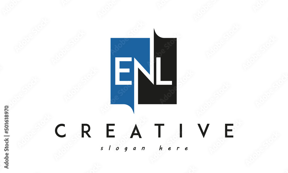 ENL Square Framed Letter Logo Design Vector with Black and Blue Colors ENL Square Framed Letter Logo Design Vector with Black and Blue Colors