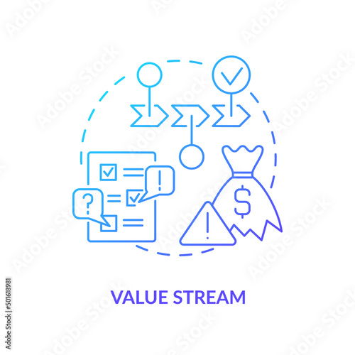 Value stream blue gradient icon. Steps and processes. Machine industry. Lean manufacturing key principle abstract idea thin line illustration. Isolated outline drawing. Myriad Pro-Bold font used