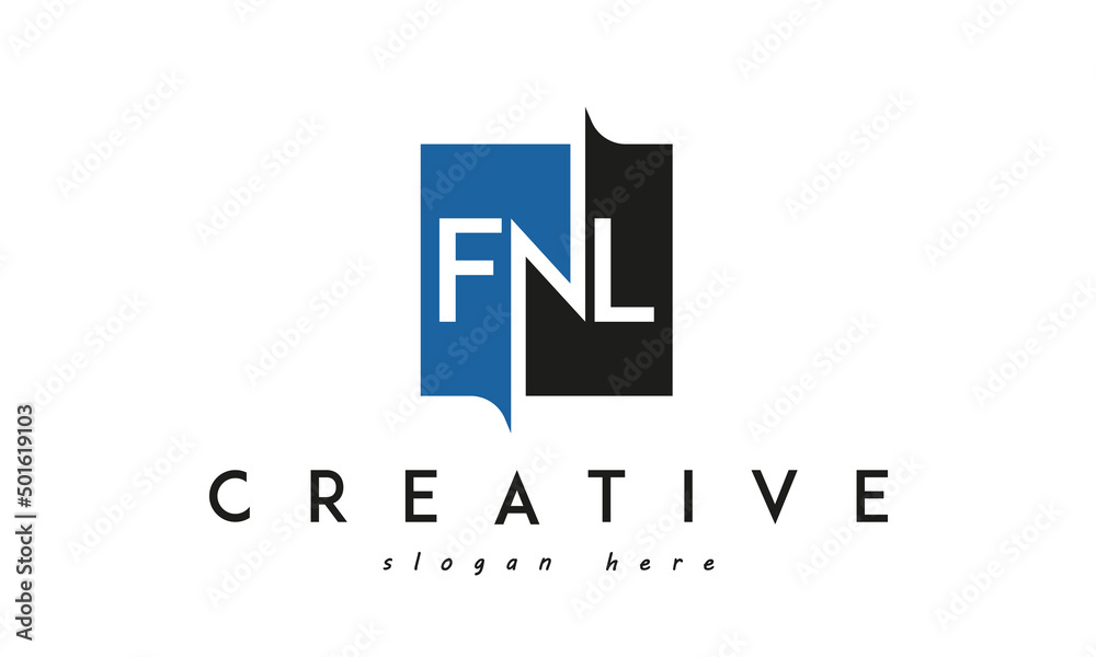FNL Square Framed Letter Logo Design Vector with Black and Blue Colors FNL Square Framed Letter Logo Design Vector with Black and Blue Colors
