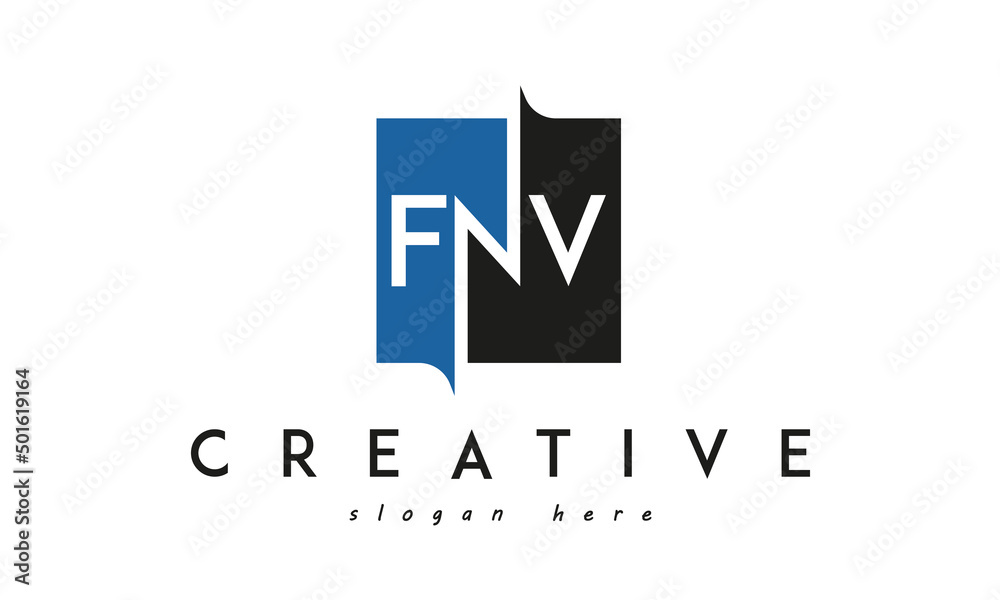 FNV Square Framed Letter Logo Design Vector with Black and Blue Colors FNV Square Framed Letter Logo Design Vector with Black and Blue Colors