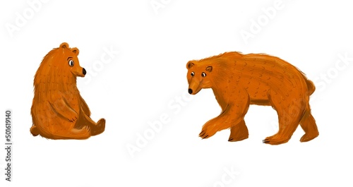 Gouache drawing art cartoon of brown bear on white background