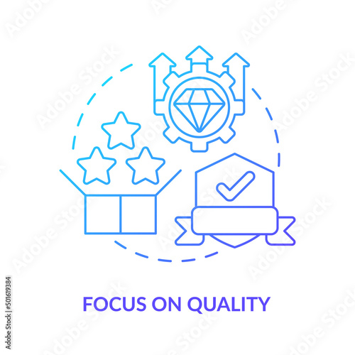 Focus on quality blue gradient icon. Perfect output. Machine industry. Lean manufacturing principle abstract idea thin line illustration. Isolated outline drawing. Myriad Pro-Bold font used