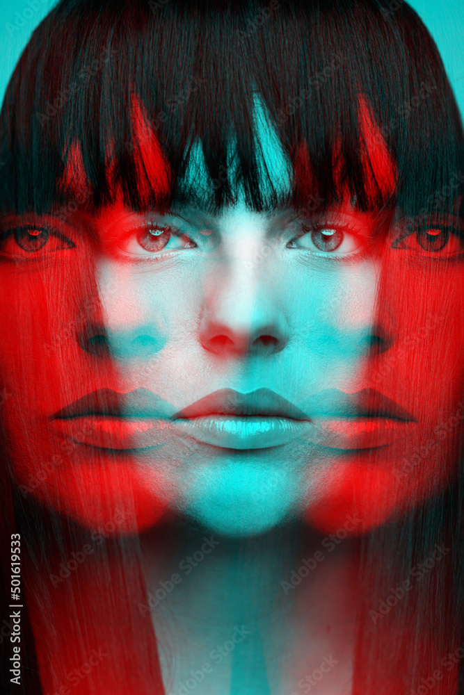 Woman with bob haircut long dark hair close-up fashion portrait in RGB color split. RGB effect make reflection of model face in red and blue colors. Abstract and futuristic looking style - obrazy, fototapety, plakaty 