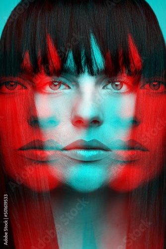 Foto Woman with bob haircut long dark hair close-up fashion portrait in RGB color split