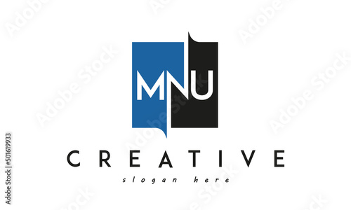 MNU Square Framed Letter Logo Design Vector with Black and Blue Colors photo