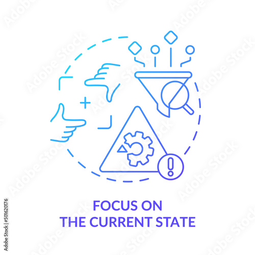 Focus on current state blue gradient icon. Machine industry. Value stream mapping best practice abstract idea thin line illustration. Isolated outline drawing. Myriad Pro-Bold font used