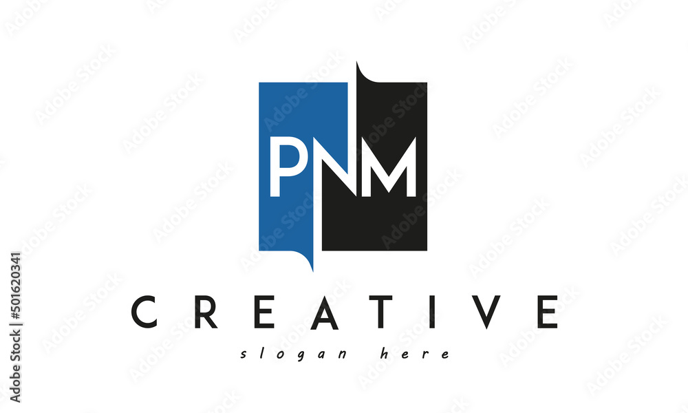 PNM Square Framed Letter Logo Design Vector with Black and Blue Colors PNM Square Framed Letter Logo Design Vector with Black and Blue Colors