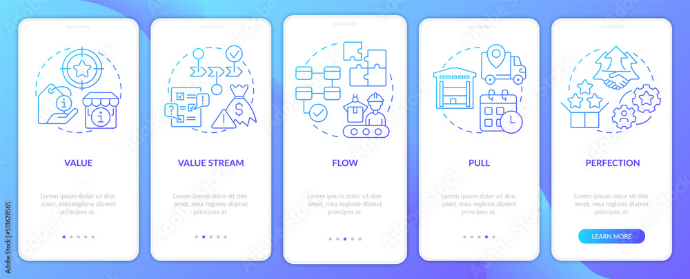 Lean production key principle blue gradient onboarding mobile app screen. Walkthrough 5 steps graphic instructions pages with linear concepts. UI, UX, GUI template. Myriad Pro-Bold, Regular fonts used