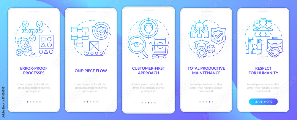 Lean manufacturing principles blue gradient onboarding mobile app screen. Walkthrough 5 steps graphic instructions pages with linear concepts. UI, UX, GUI template. Myriad Pro-Bold, Regular fonts used Lean manufacturing principles blue gradient onboarding mobile app screen. Walkthrough 5 steps graphic instructions pages with linear concepts. UI, UX, GUI template. Myriad Pro-Bold, Regular fonts used